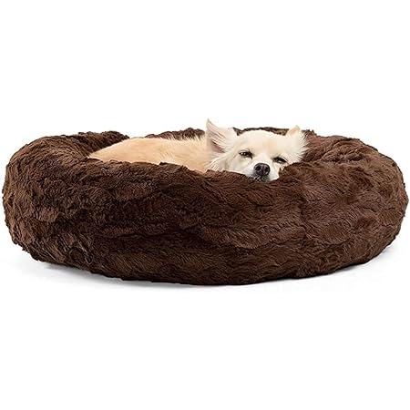 UNIQUE PET COLLECTION The Original Calming Donut Cat and Dog Bed in Lux Fur, Machine Washable, Orthopedic Relief, for Pets Brown (Brown, S)