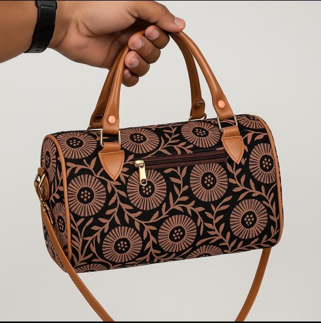 Floral Barrel Handbag with Tan Straps