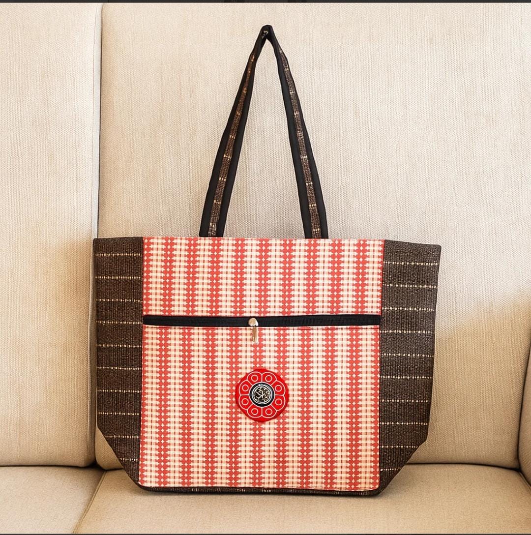 Cherry Check Handloom Tote - Red Brown Everyday Bag 
