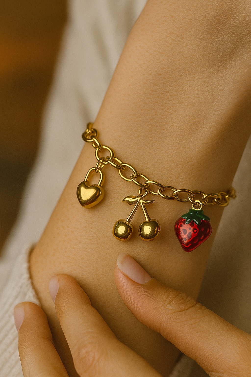 Golden Charm Chain Bracelet – Strawberry, Cherry & Heart Design