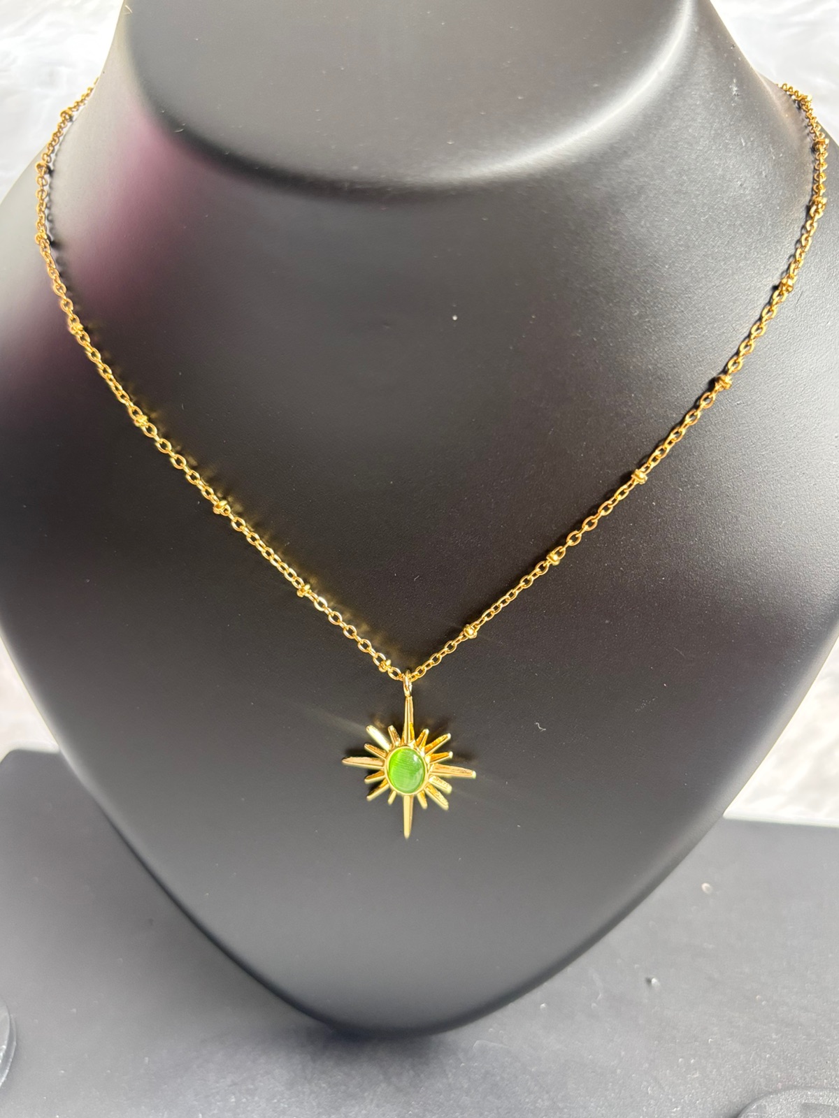 Golden Chain Pendant Set with Green Sunburst Charm – Anti-Tarnish, Waterproof, Daily Wear