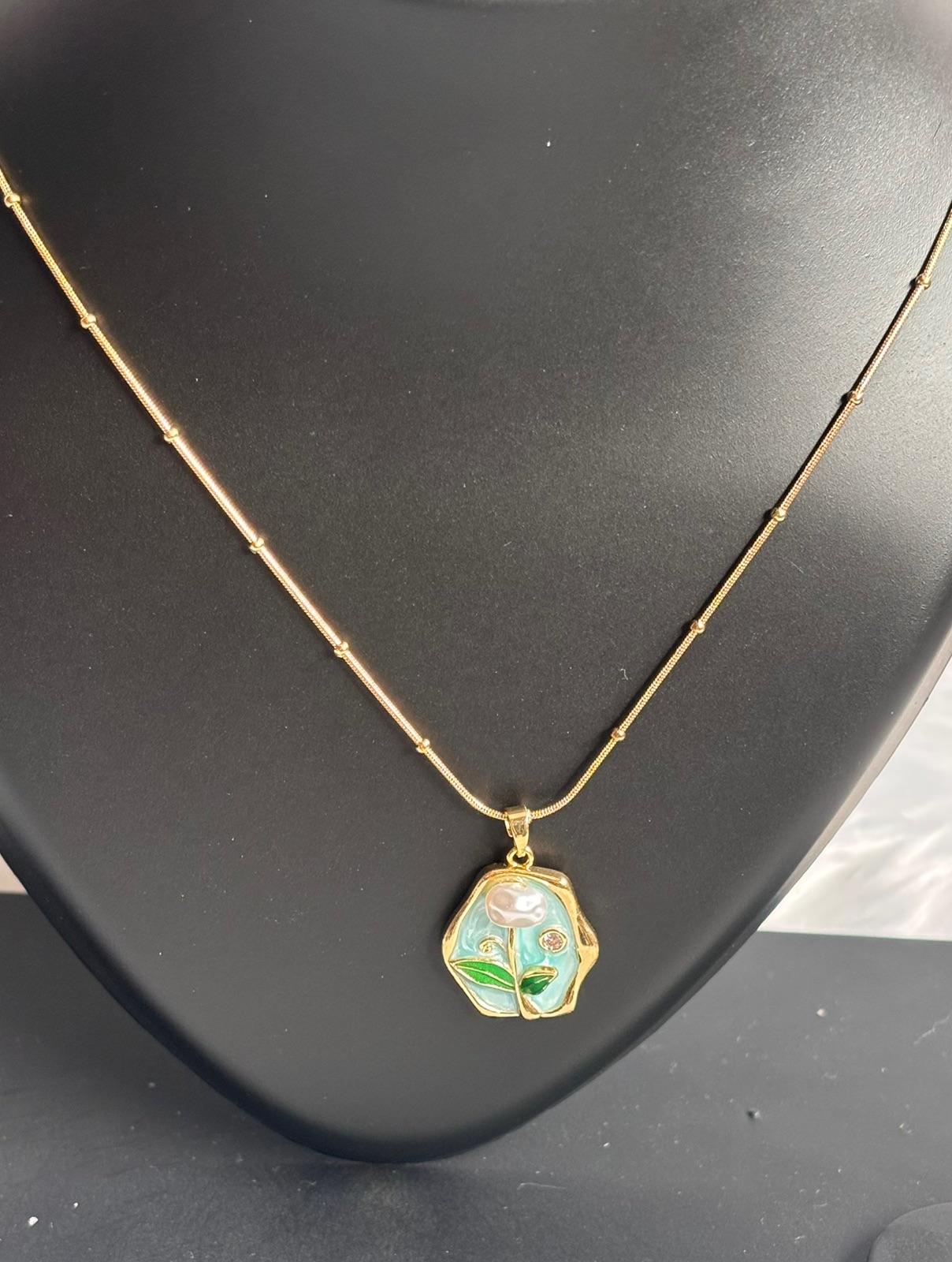 Blossom Horizon Handcrafted Enamel Pendant Necklace in Gold-Tone Chain