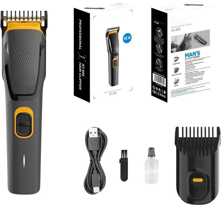 AMOLA HT-509 Cordless Professional Hair Trimmer Titanium coated blade waterproof Trimmer 120 min Runtime 12 Length Settings (Black, Yellow)