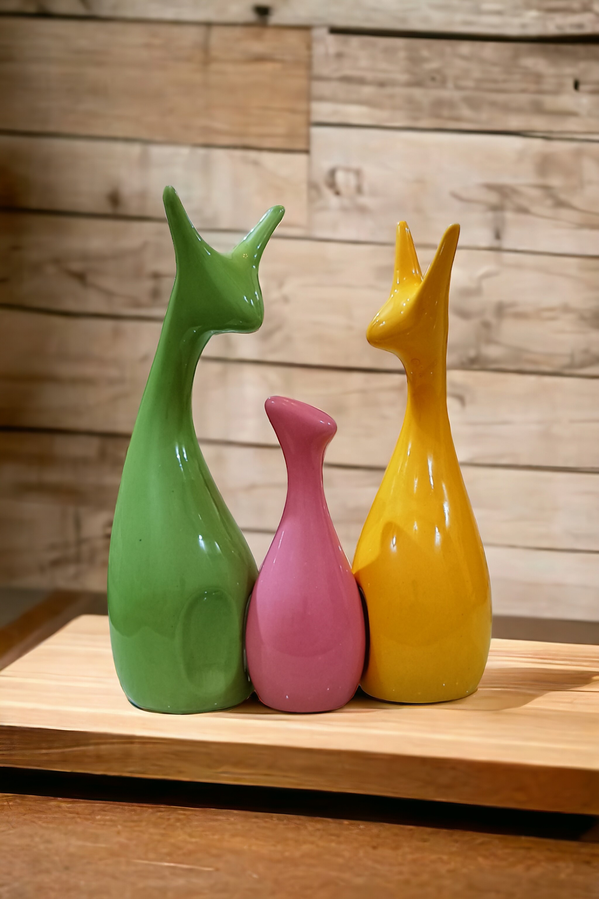  Ceramic Decorative Cat Vases Set of 3 - Green, Pink, Yellow - Modern Home Decor, Table Centerpiece, Living Room Accents