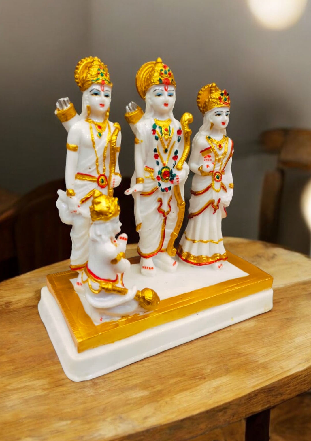 Ram Darbar Idol Statue with Hanuman Ji Polyresin for Pooja Room Religious Gifts Home Decor Showpiece - White & Gold