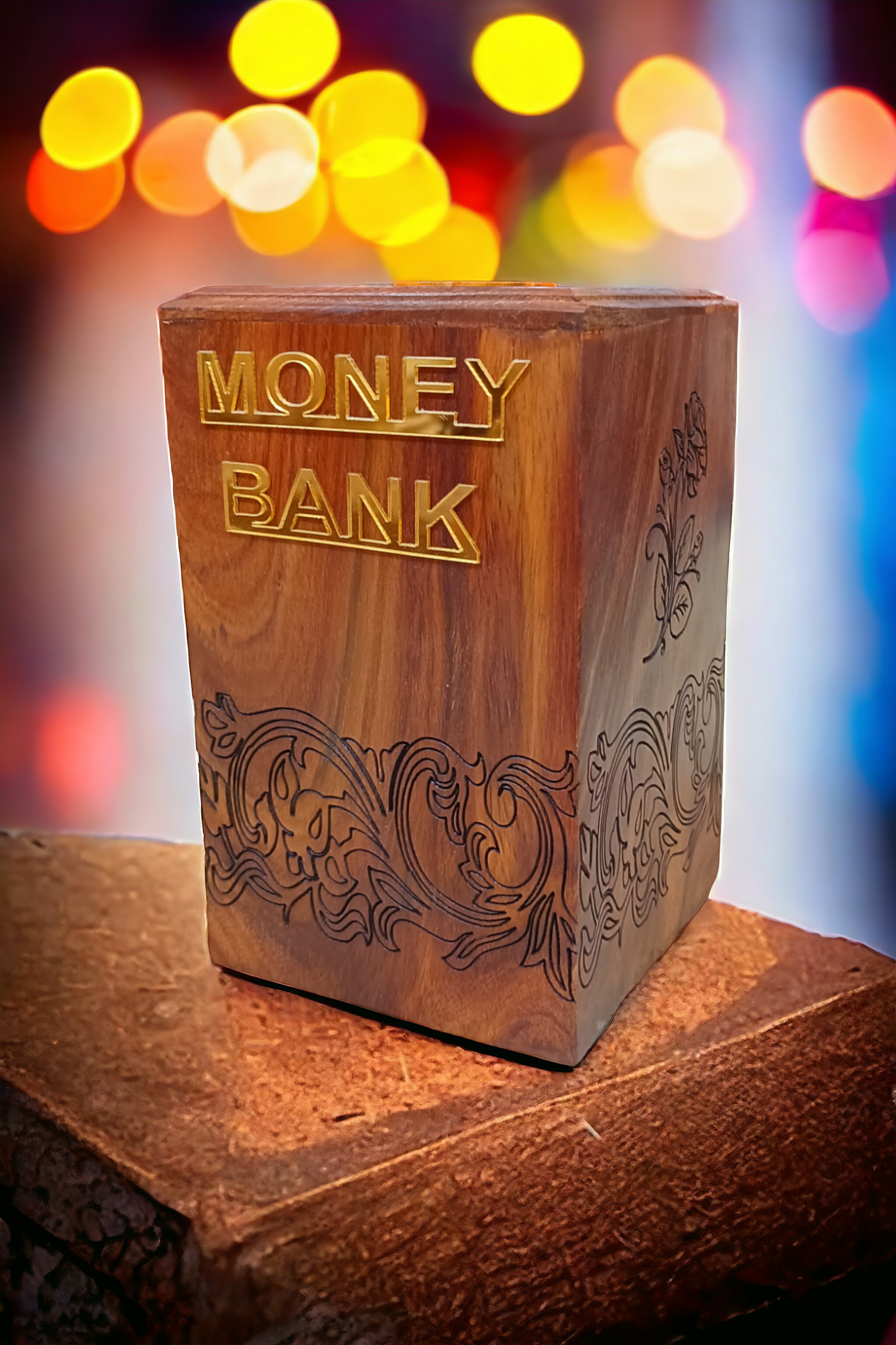 Wooden Money Bank with Floral and Scroll Design