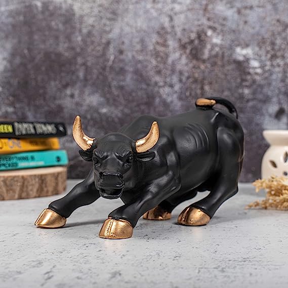 Decorative Bull Figurine, Black and Golden Resin Bull Statue, Charging Bull Sculpture for Home Decor and Office Desk