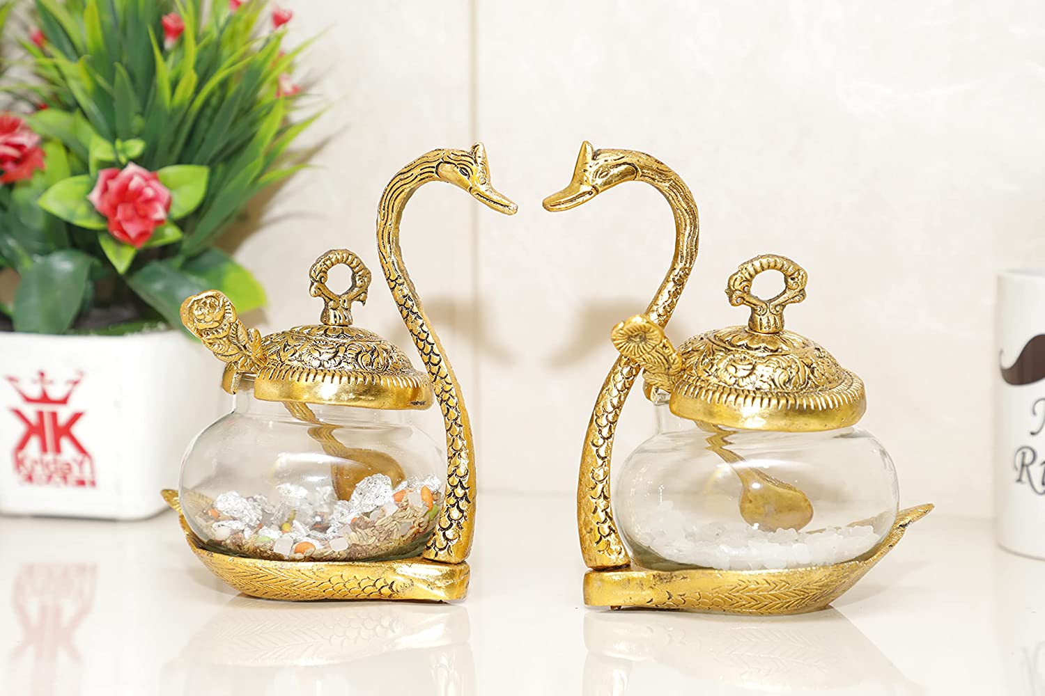 Kriday Kraft Gold Plated Swan Shape Decorative Tray Set of 2 Pcs With Spoon & Jar For Gift and Table Decoration