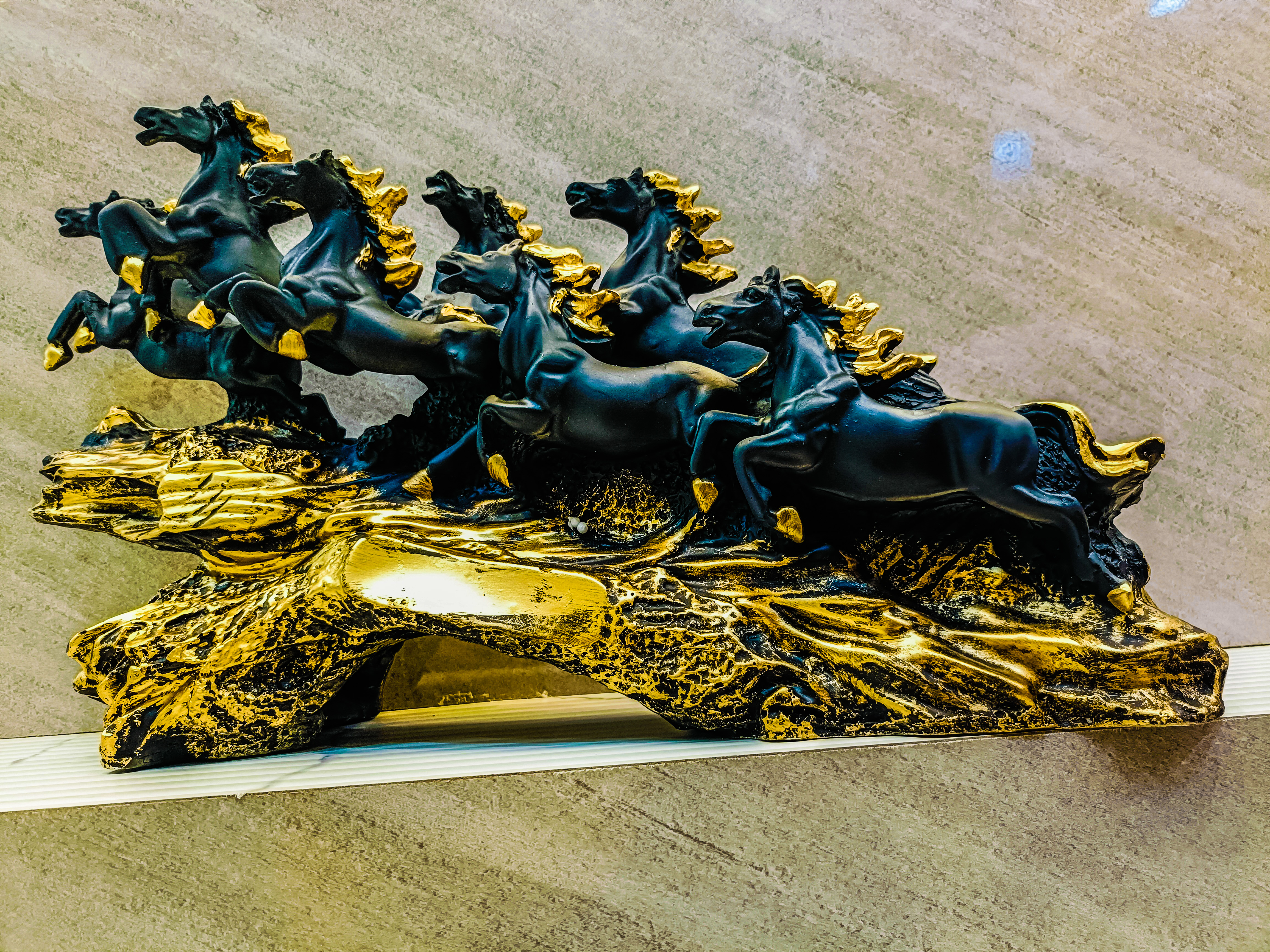 Running Horses Statue Figurine Black and Golden Finish Home Decor Showpiece