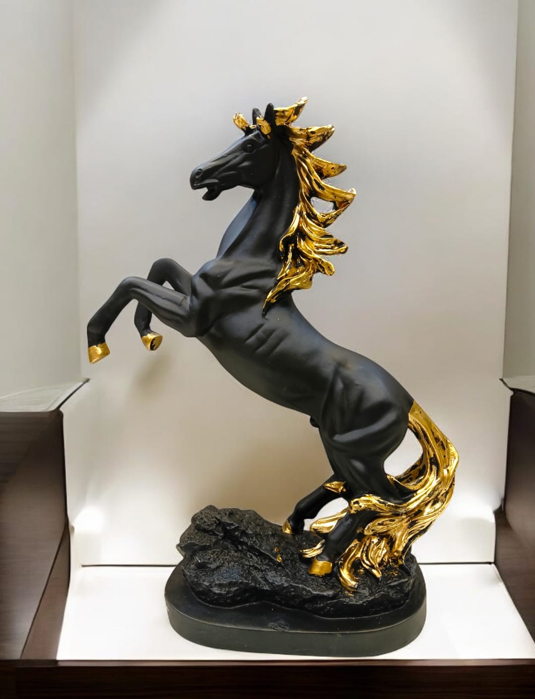 Black and Gold Horse Statue Showpiece for Home Decor and Gifting, Decorative Animal Sculpture, Table Top Accent Figurine