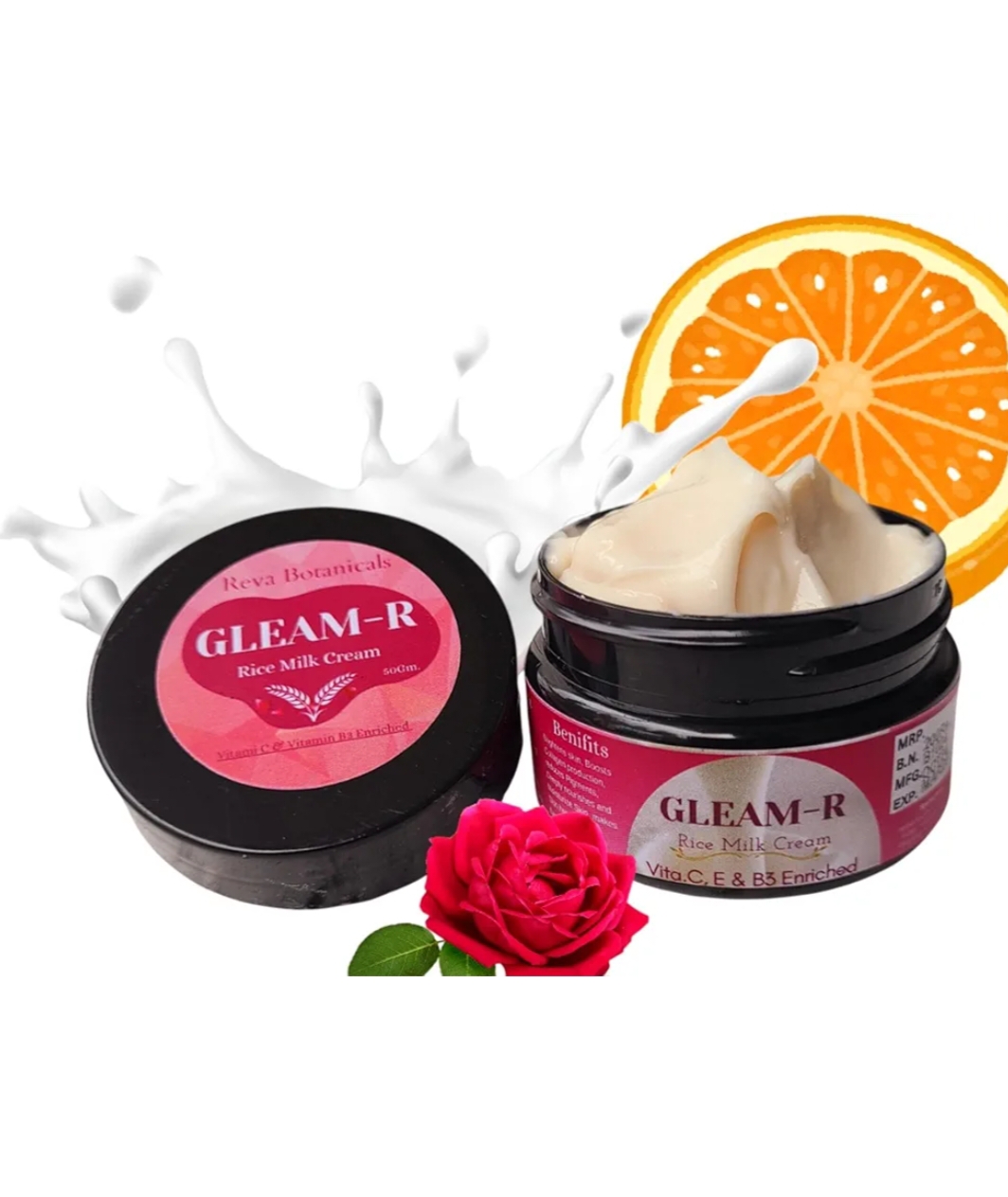Reva Botanicals GLEAM-R Rice Milk Cream Vitamin C and Vitamin B3 Enriched (50gm) - For Skin Boosting and Collagen Production pack of 2 