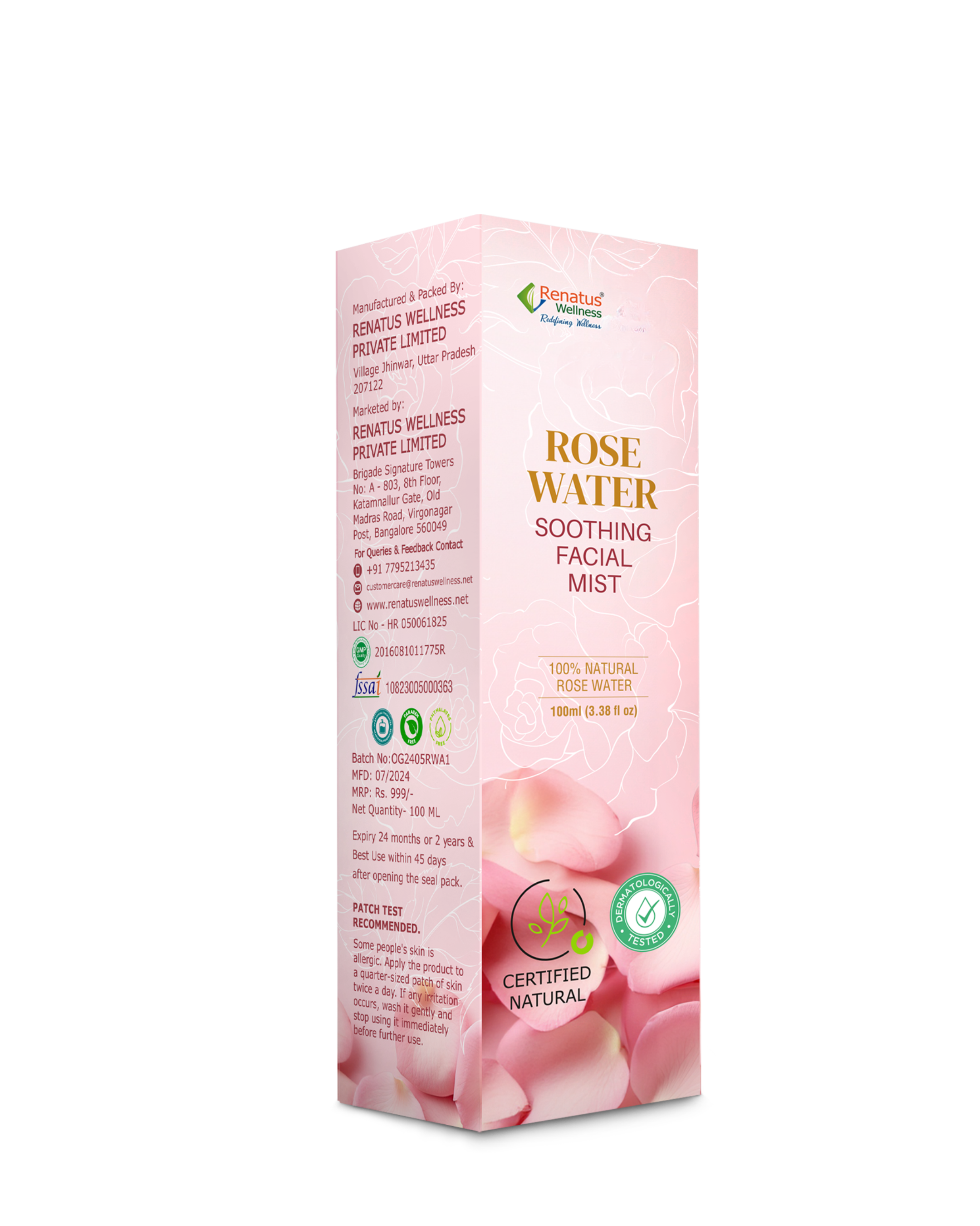 Renatus Wellness Rose Water Soothing Facial Mist 100ml, 100% Natural Rosewater, Dermatologically Tested, Gentle Hydration, Glowing Skin