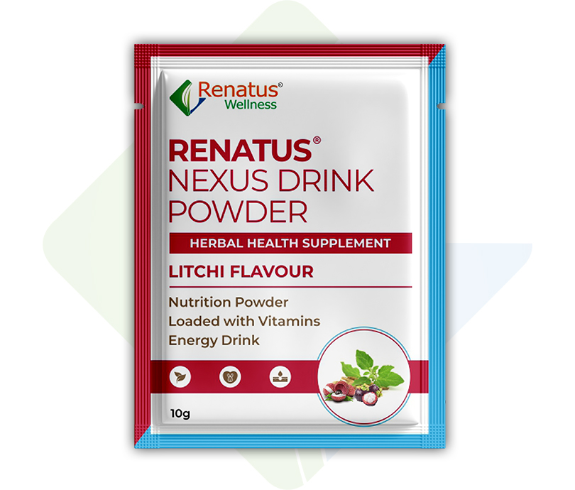 Renatus Nexus Drink Powder Herbal Health Supplement Litchi Flavour, Nutrition Powder Loaded with Vitamins, Energy Drink 10g