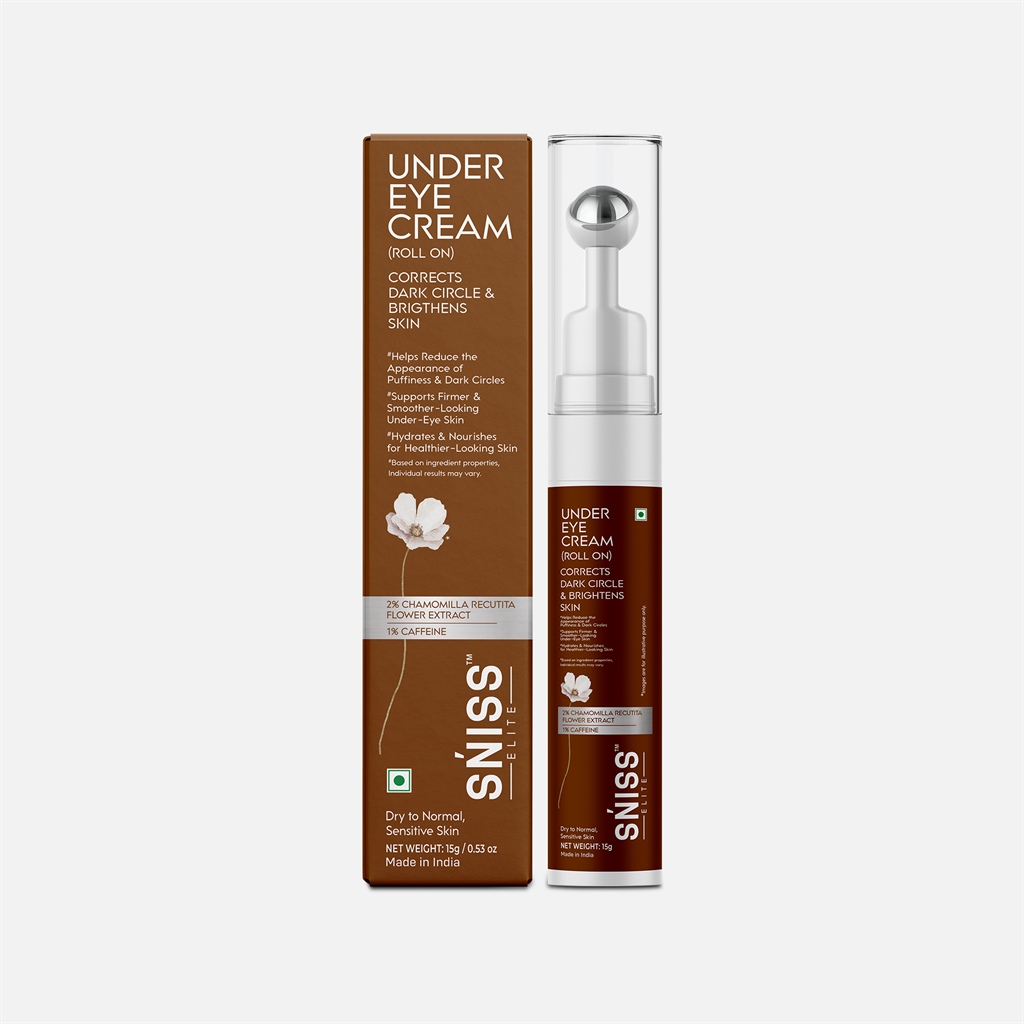 SNISS Under Eye Cream (Roll On) Corrects Dark Circle & Brightens Skin with 2% Chamomilla Recutita Flower Extract & 1% Caffeine