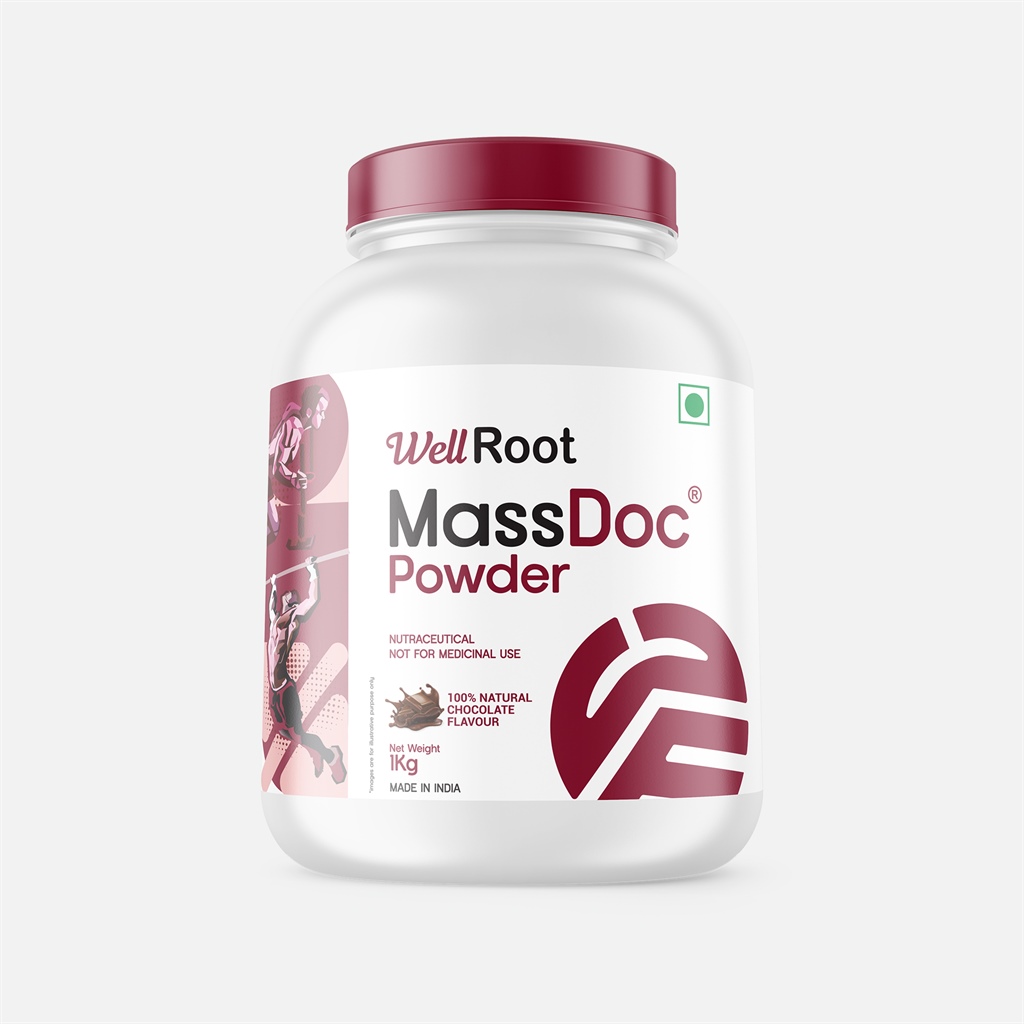 Well Root MassDoc Powder 100% Natural Chocolate Flavour, Nutraceutical Supplement For Muscle Growth & Weight Gain, 1kg