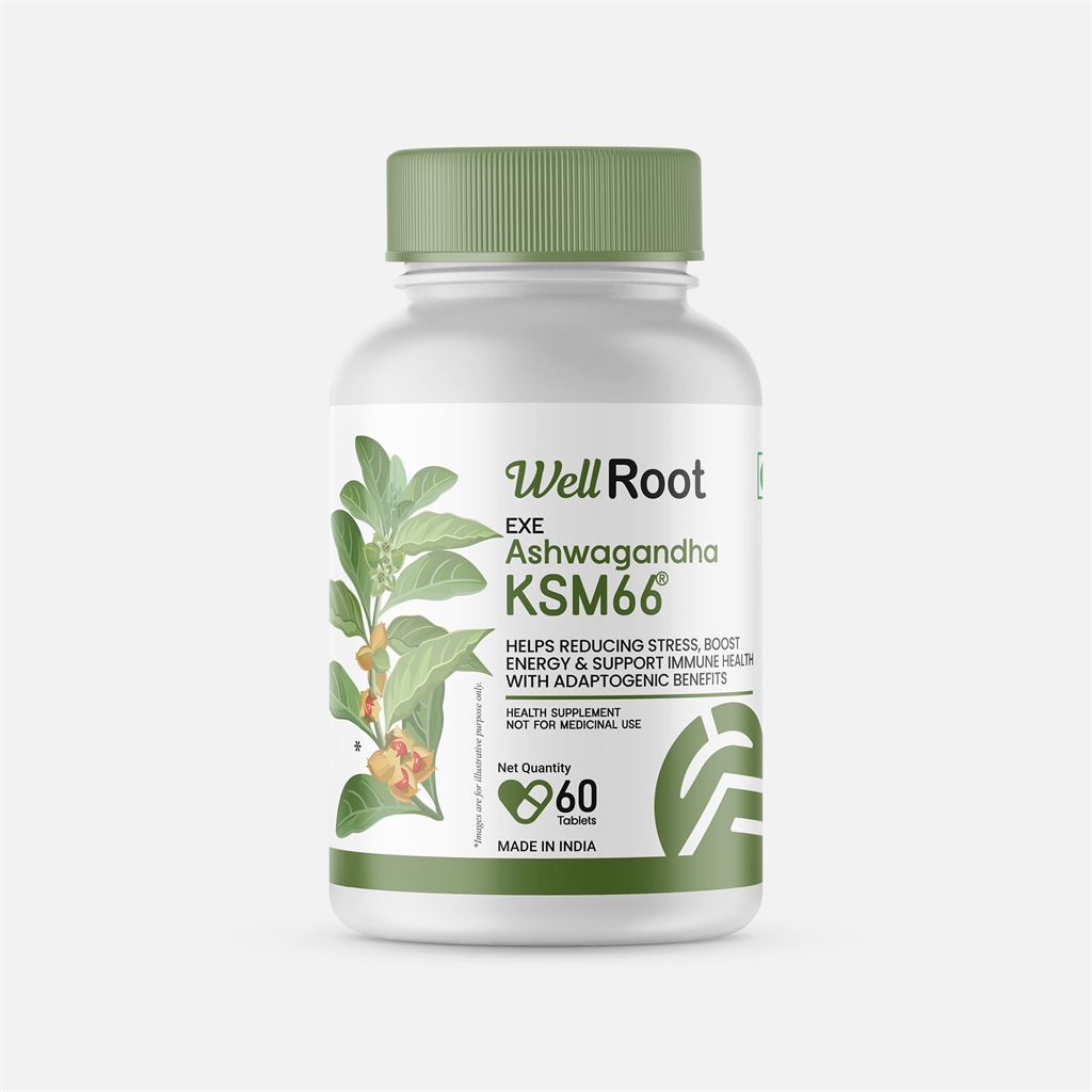 Well Root EXE Ashwagandha KSM66 Helps reducing stress, boost energy & support immune health with adaptogenic benefits