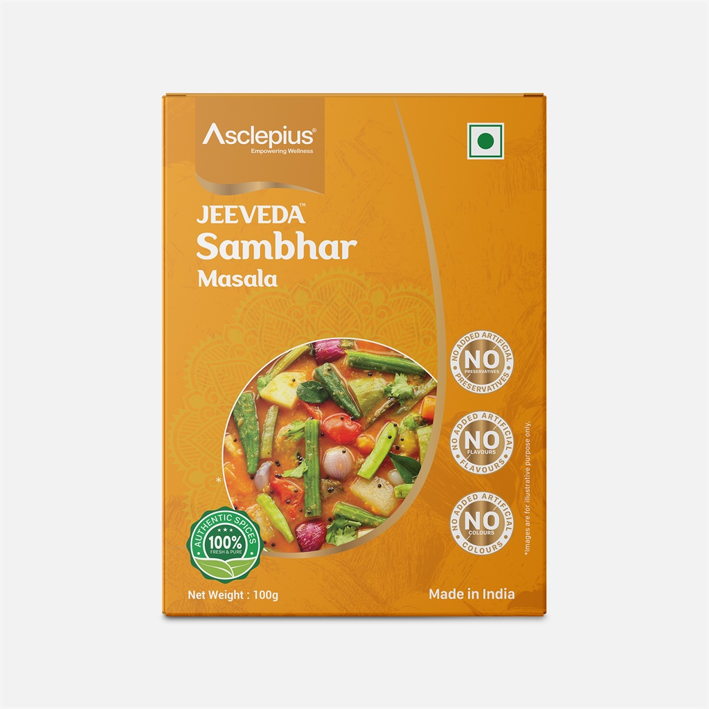 Asclepius Jeeveda Sambhar Masala 100g Authentic Spices, No Added Artificial Preservatives, Flavours or Colours, Made in India