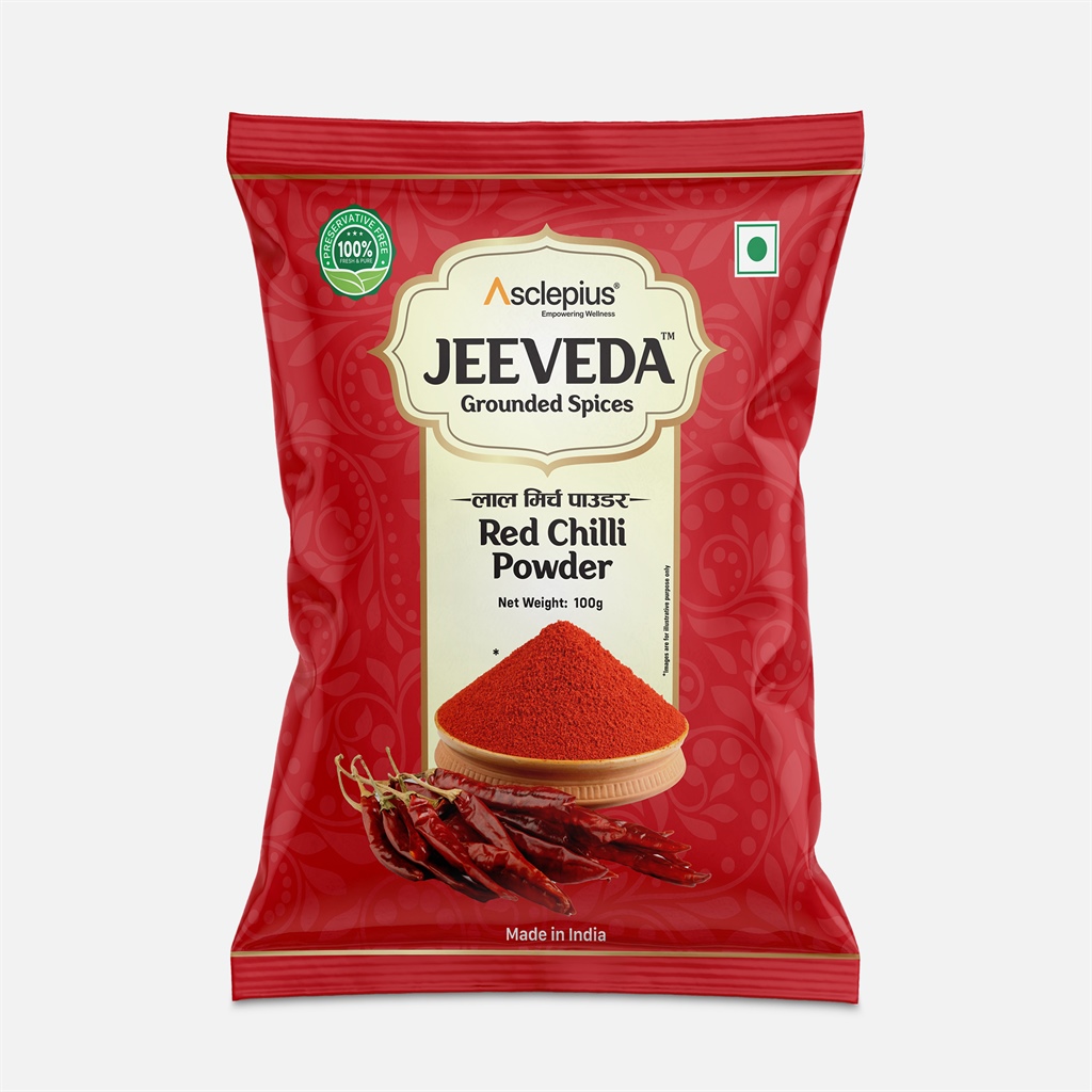 Asclepius Jeeveda Red Chilli Powder (Lal Mirch Powder) Grounded Spices, Preservative-Free, Traditional Indian Spice - 100g Pouch