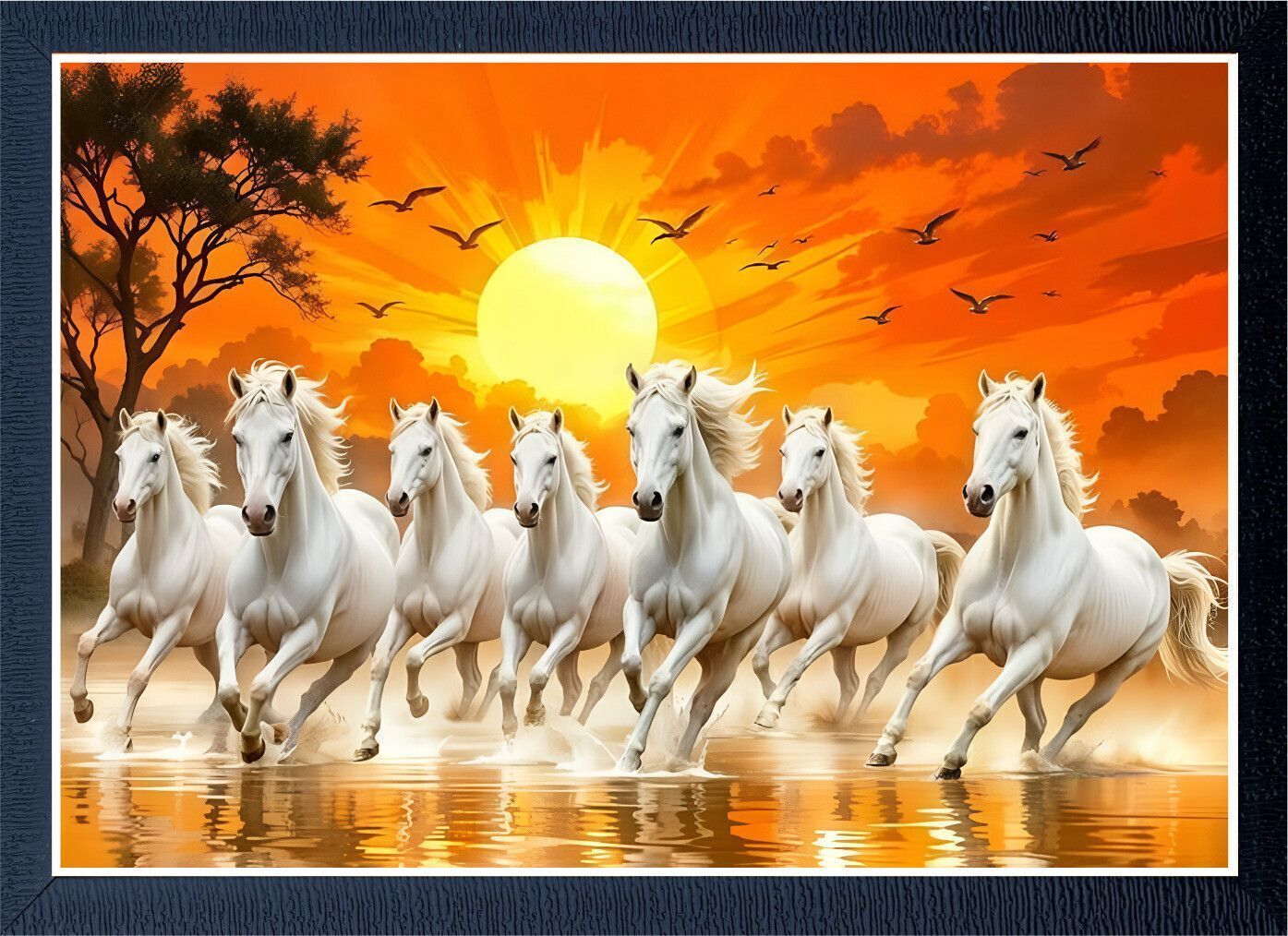 Generic Seven Running White Horses Painting Wall Art Home Decor - Framed Artwork - 13x19 Inch - Black Frame