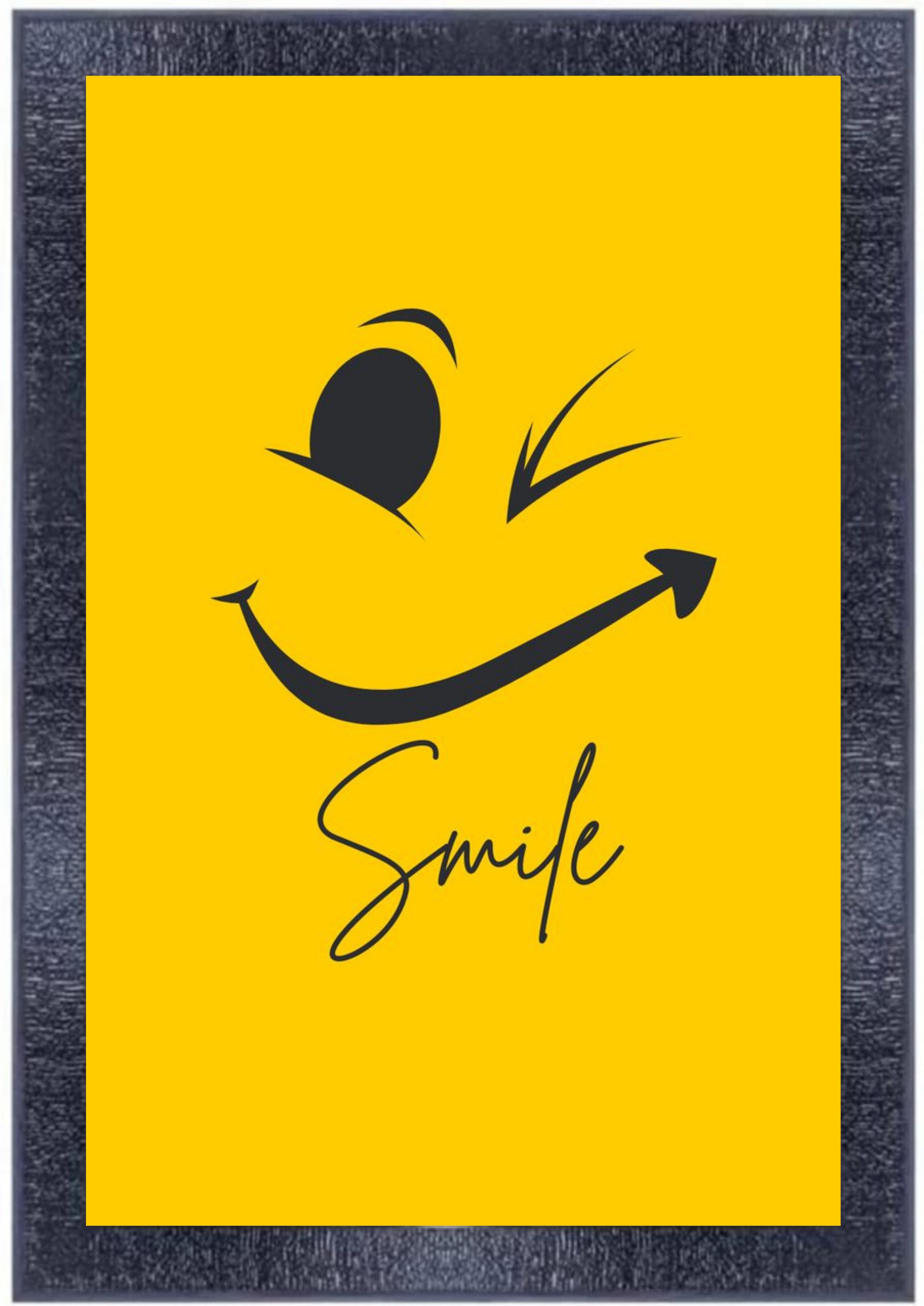 Generic Smile Face Framed Wall Art - Yellow Background, Black Frame, Winking Expression