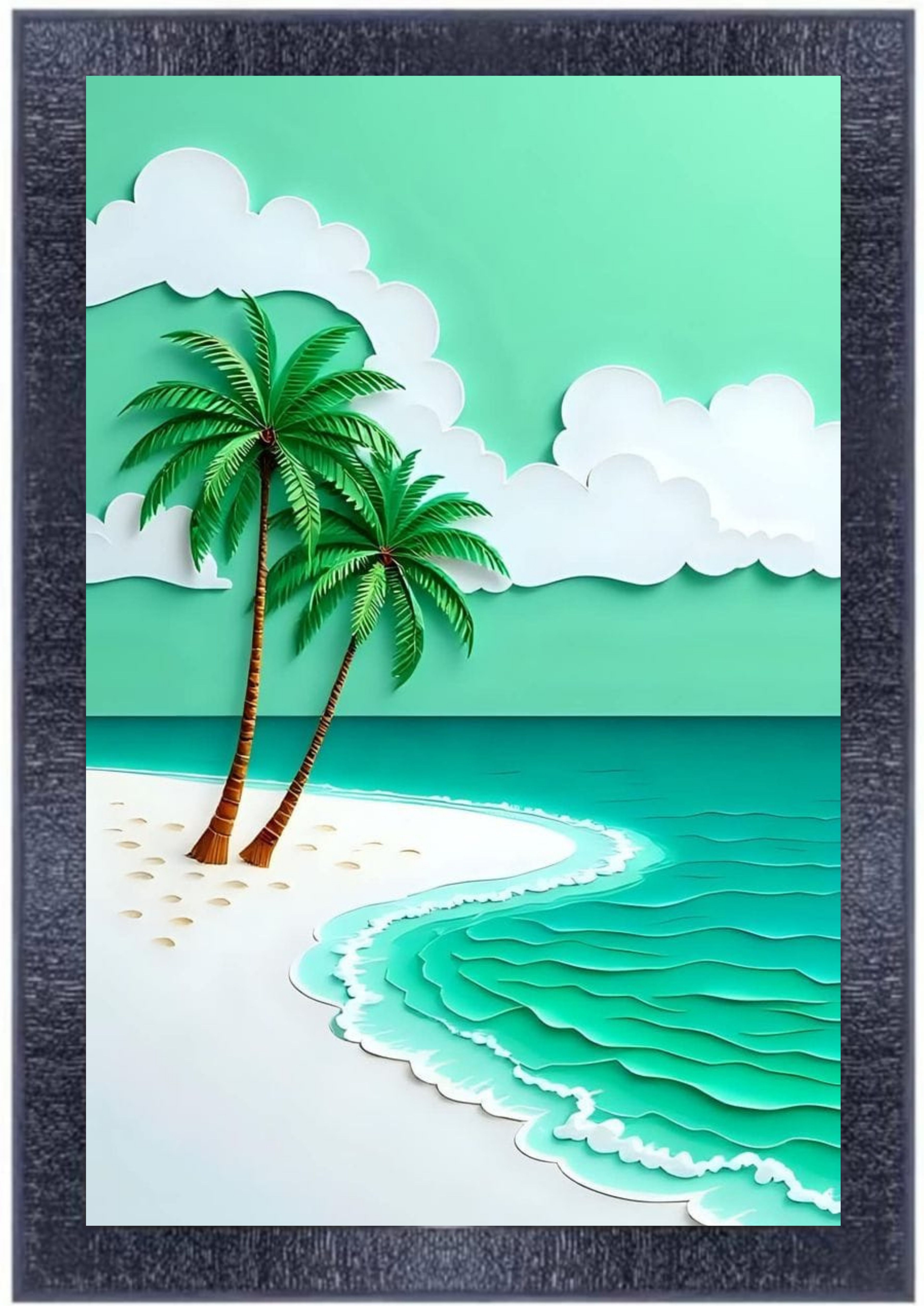 Generic Tropical Beach Scene Framed Art Print - Palm Trees, Ocean Waves, Coastal Decor, Serene Seascape, Wall Art, Decorative, Modern Design
