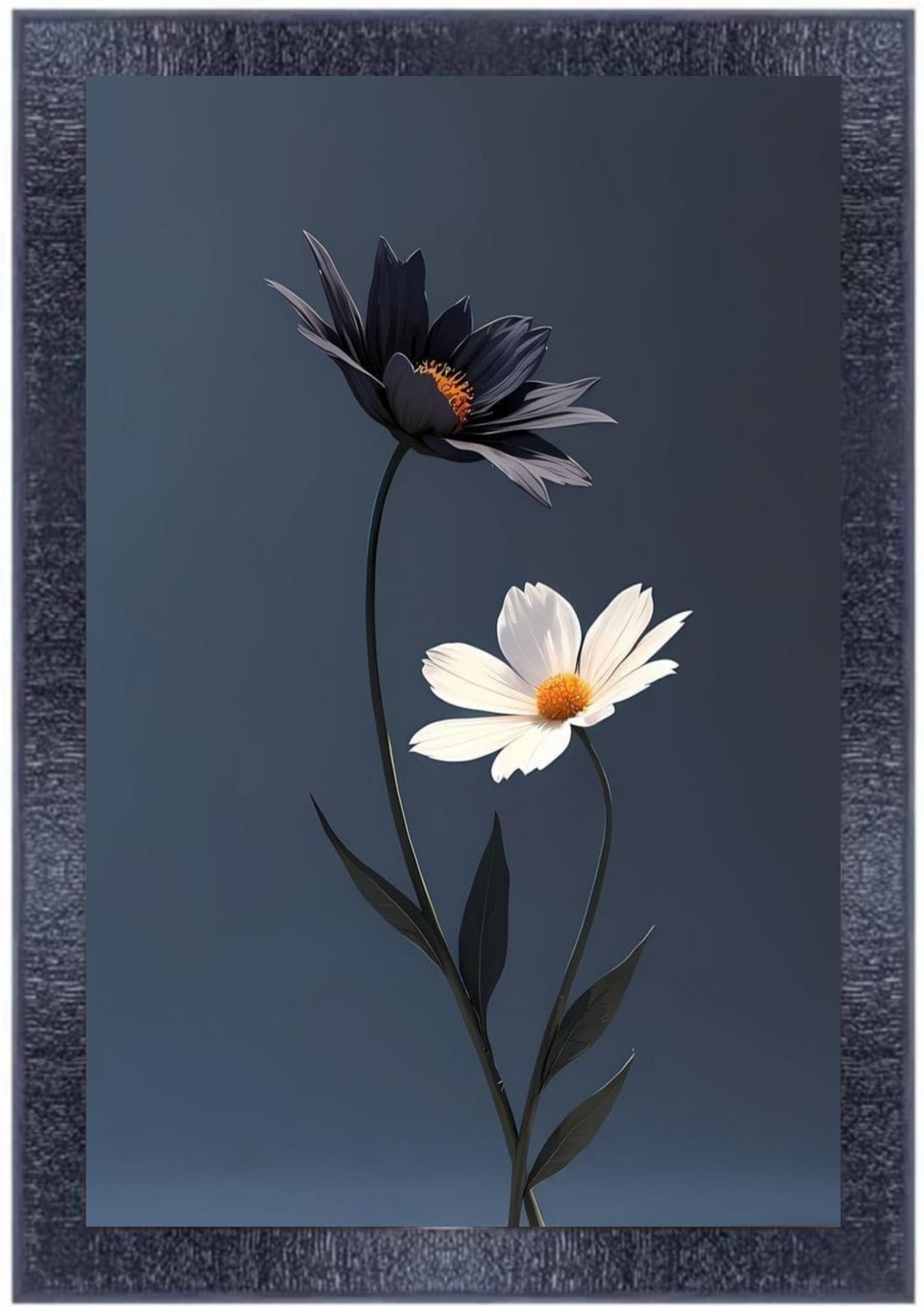 Generic Framed Floral Art Print - Black and White Flowers on Blue Background, Modern Wall Decor