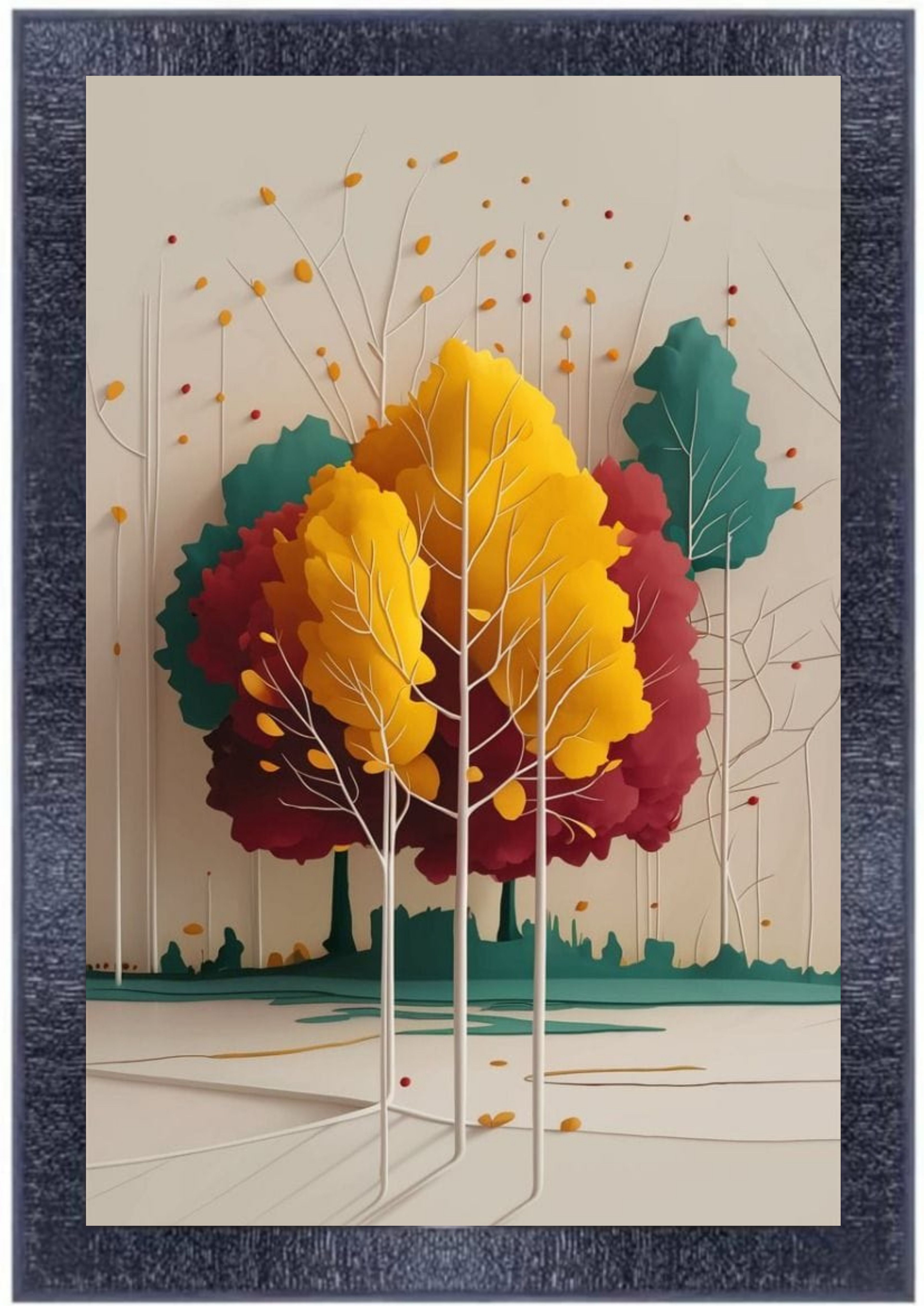 Generic Framed Tree Art - 3D Paper Art Wall Decor for Living Room Bedroom Office - Autumn Landscape Painting - Ready to Hang, 16x20 Inch