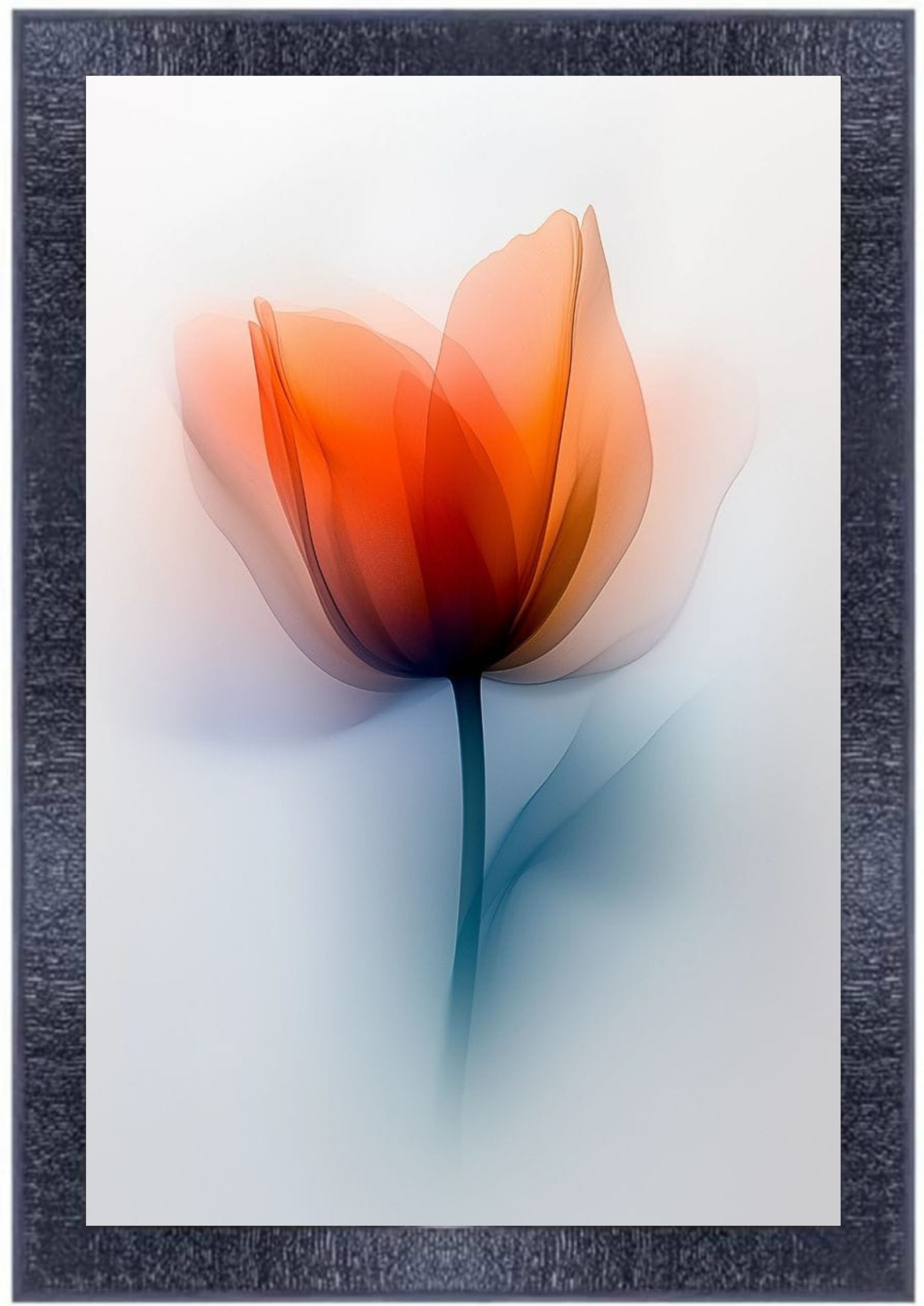 Framed Wall Art - Abstract Floral Print with Blue-Gray Textured Frame, Modern Home Decor, Elegant Living Room Artwork, 16x20 Inches