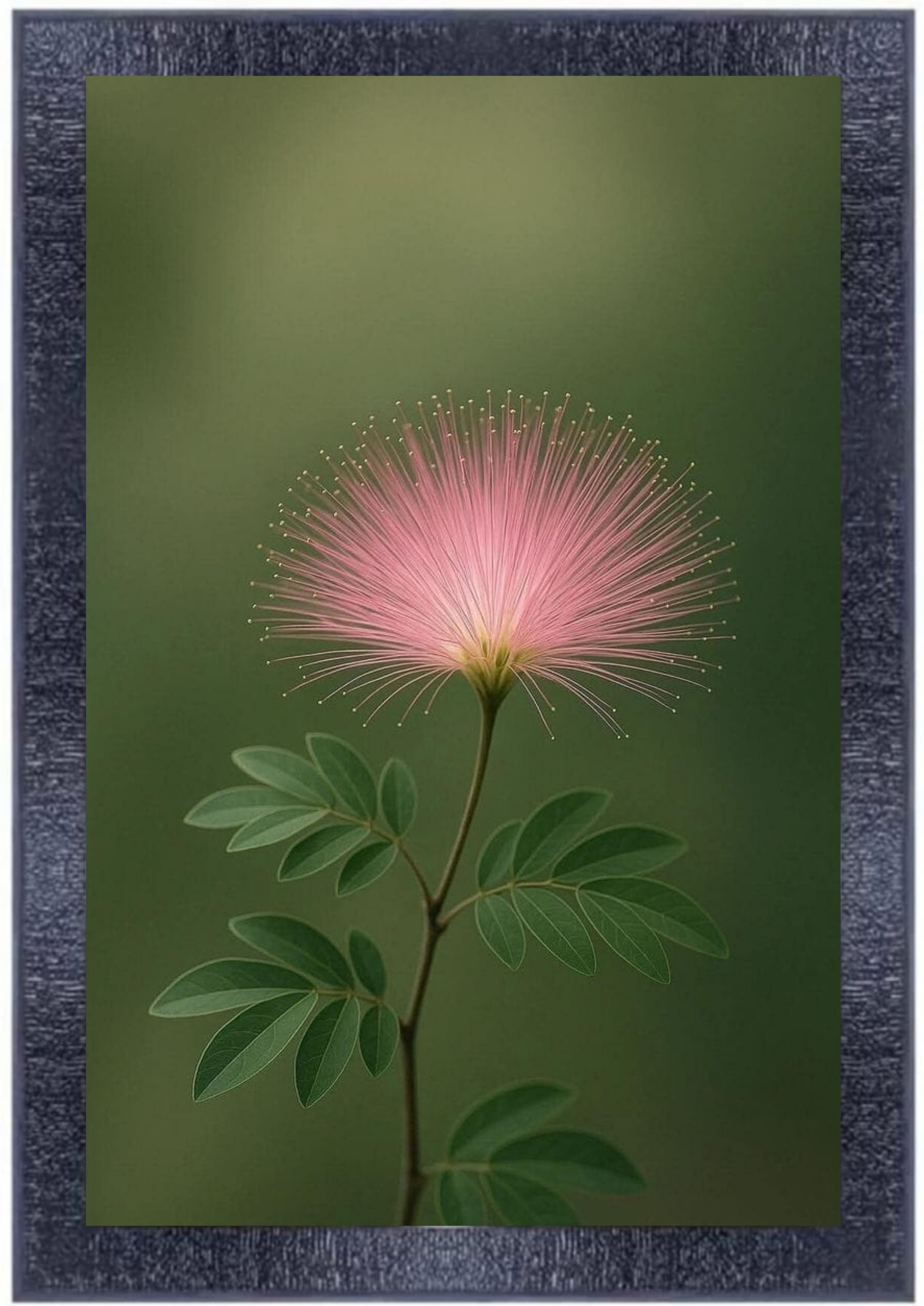 Pink Powderpuff Flower with Blue Textured Frame, Botanical Wall Art, Elegant Floral Decor