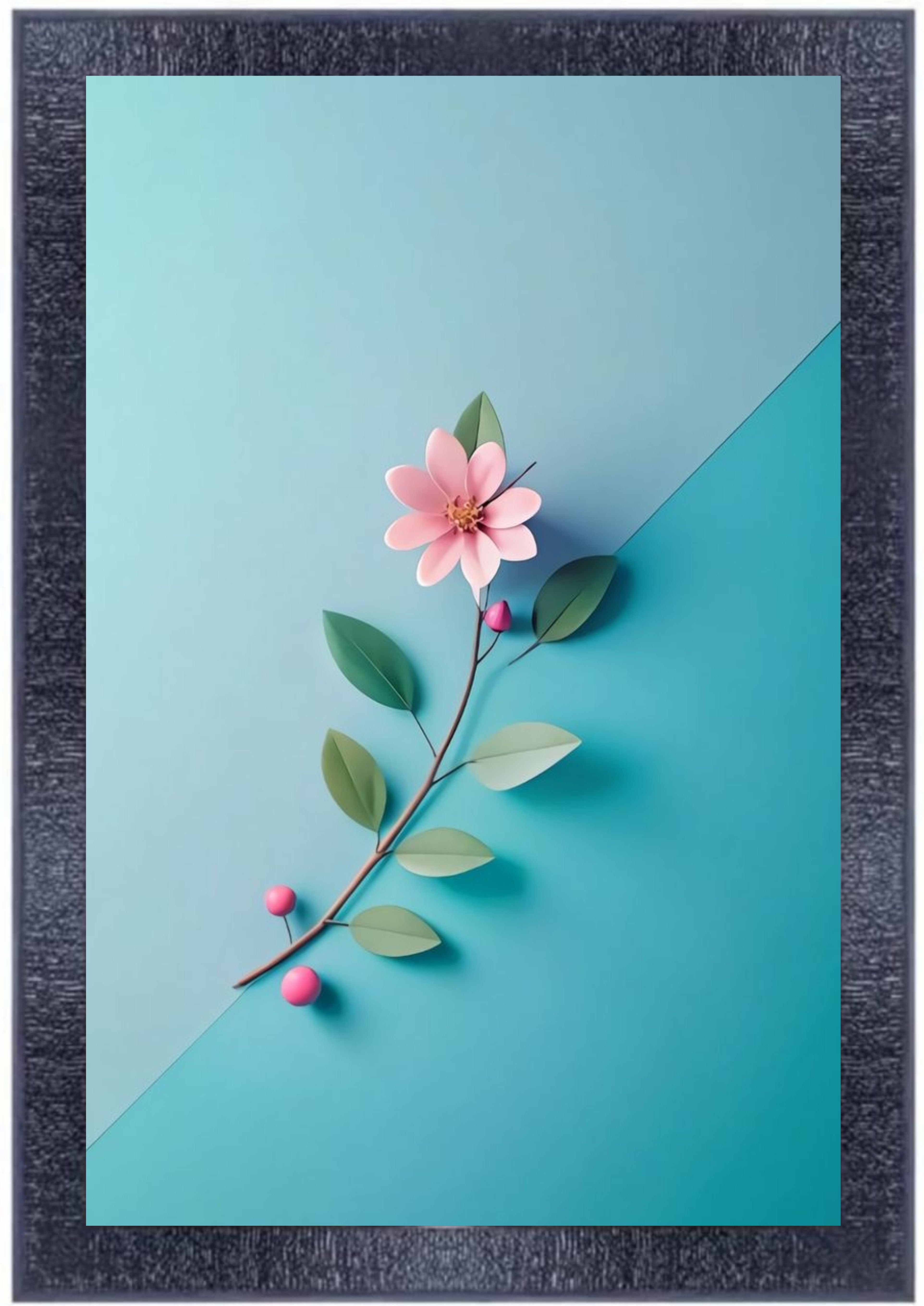  Framed Floral Wall Art Print - Minimalist Pink Flower and Green Leaves on Blue Background