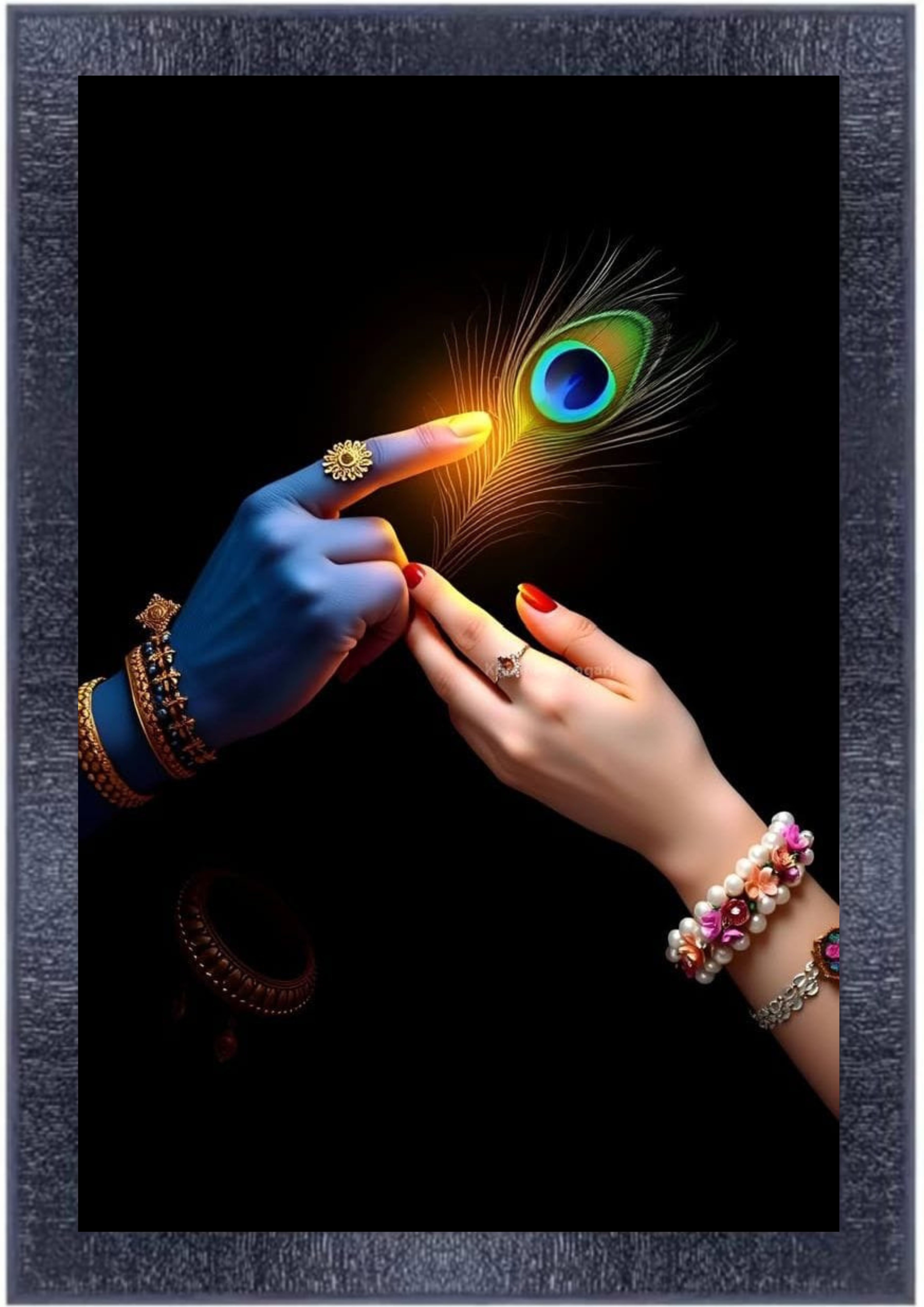  Krishna and Radha Hand Holding Peacock Feather Framed Wall Decor Art Painting Photo Print for Pooja Room Gift Items