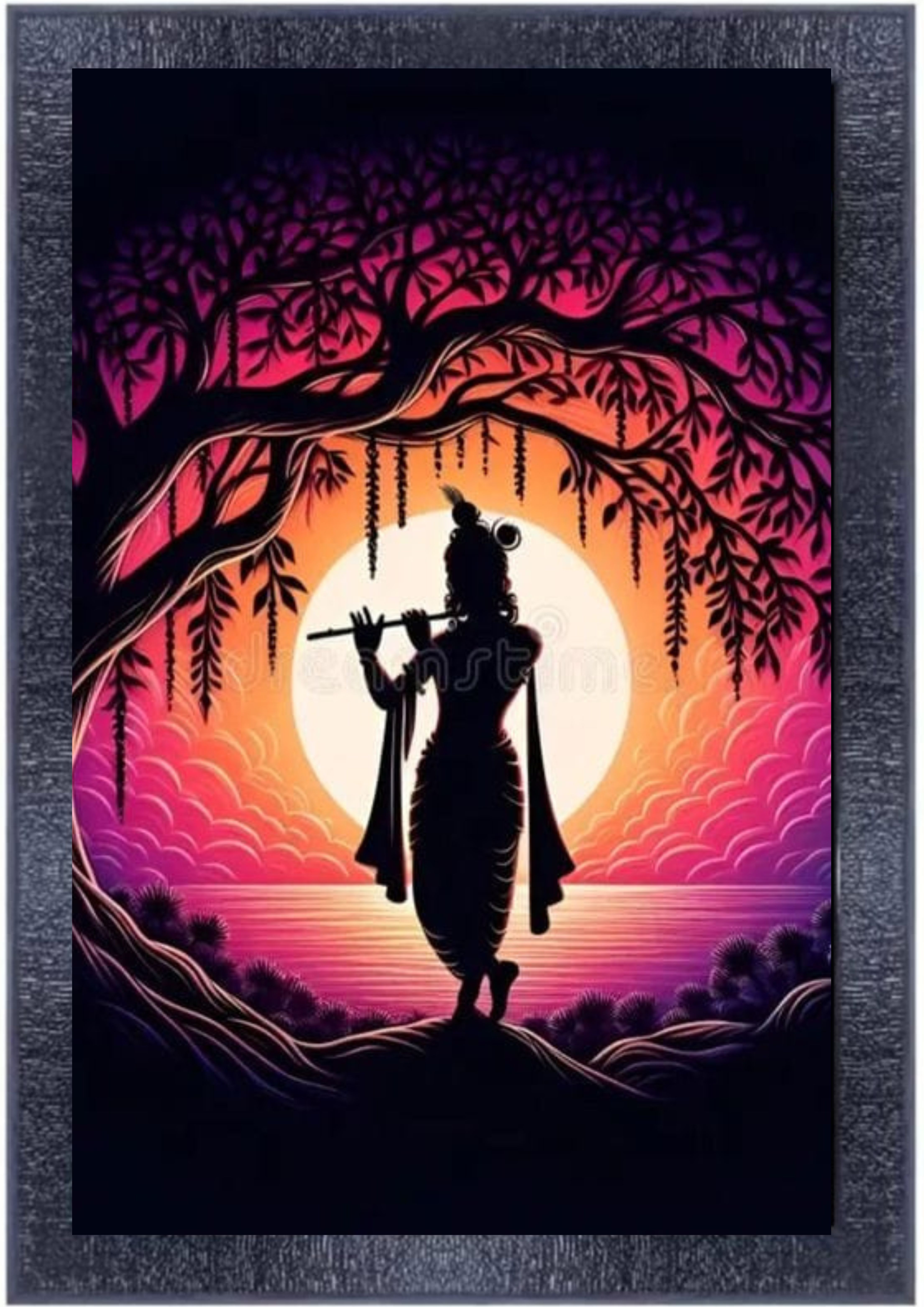  Framed Krishna with Flute Under Tree Art Print - Silhouette Art, Home Decor, Indian Art, Wall Decor, Living Room Decor