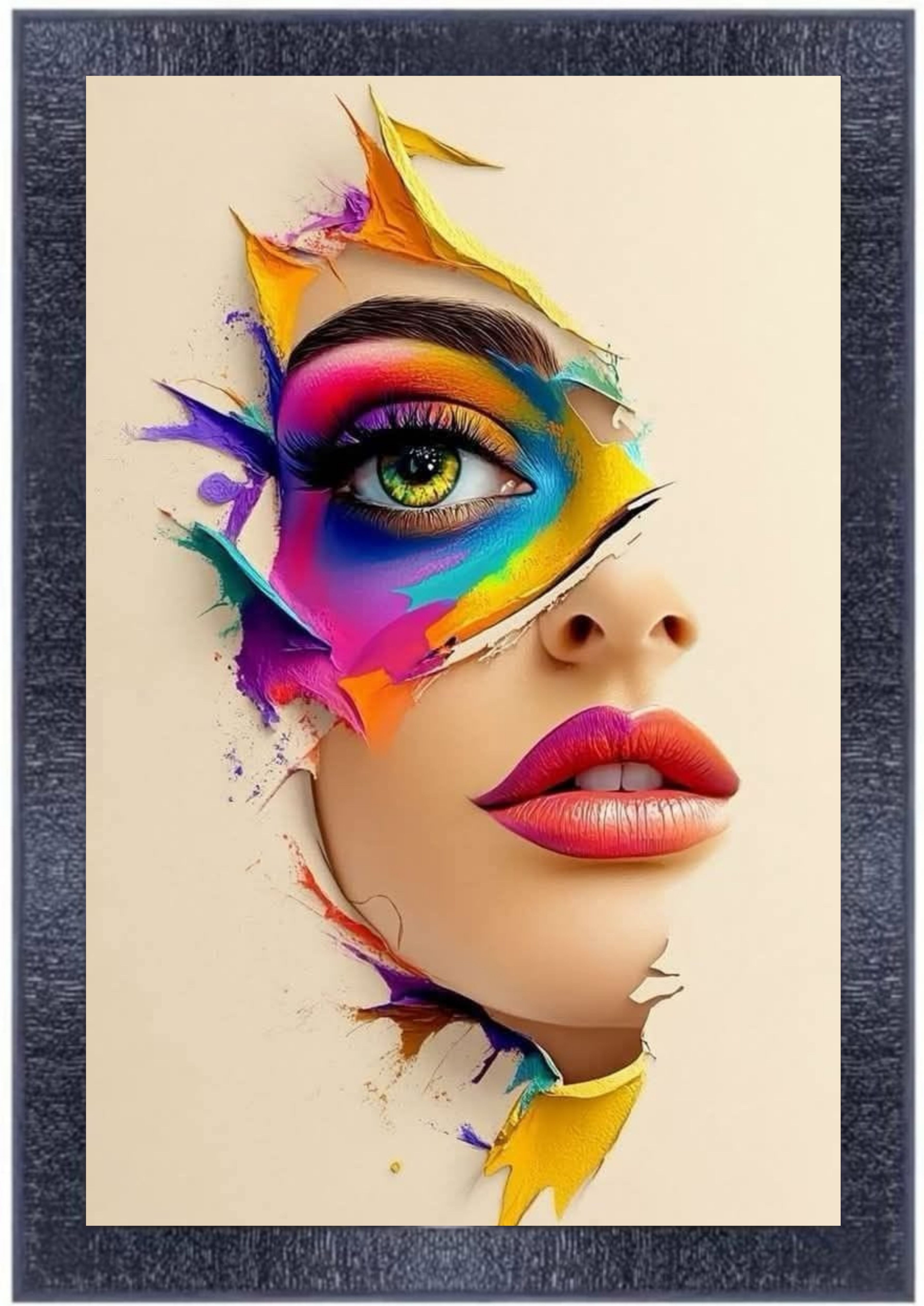  Colorful Face Art Framed Print - Modern Wall Decor, Abstract Beauty Portrait for Living Room, Bedroom, Office
