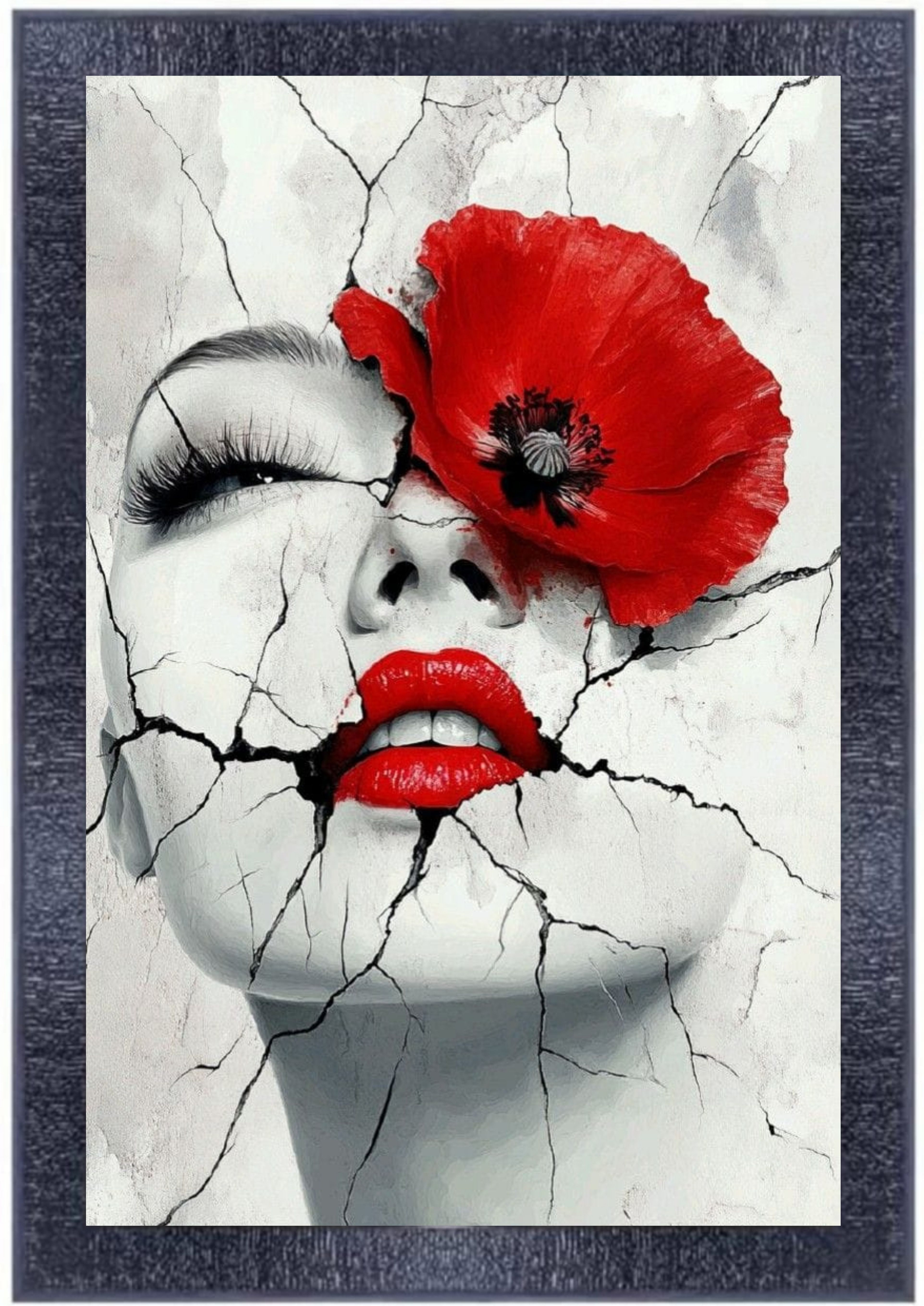 Unbranded Woman Face with Red Flower and Cracked Effect Wall Art Painting With Frame