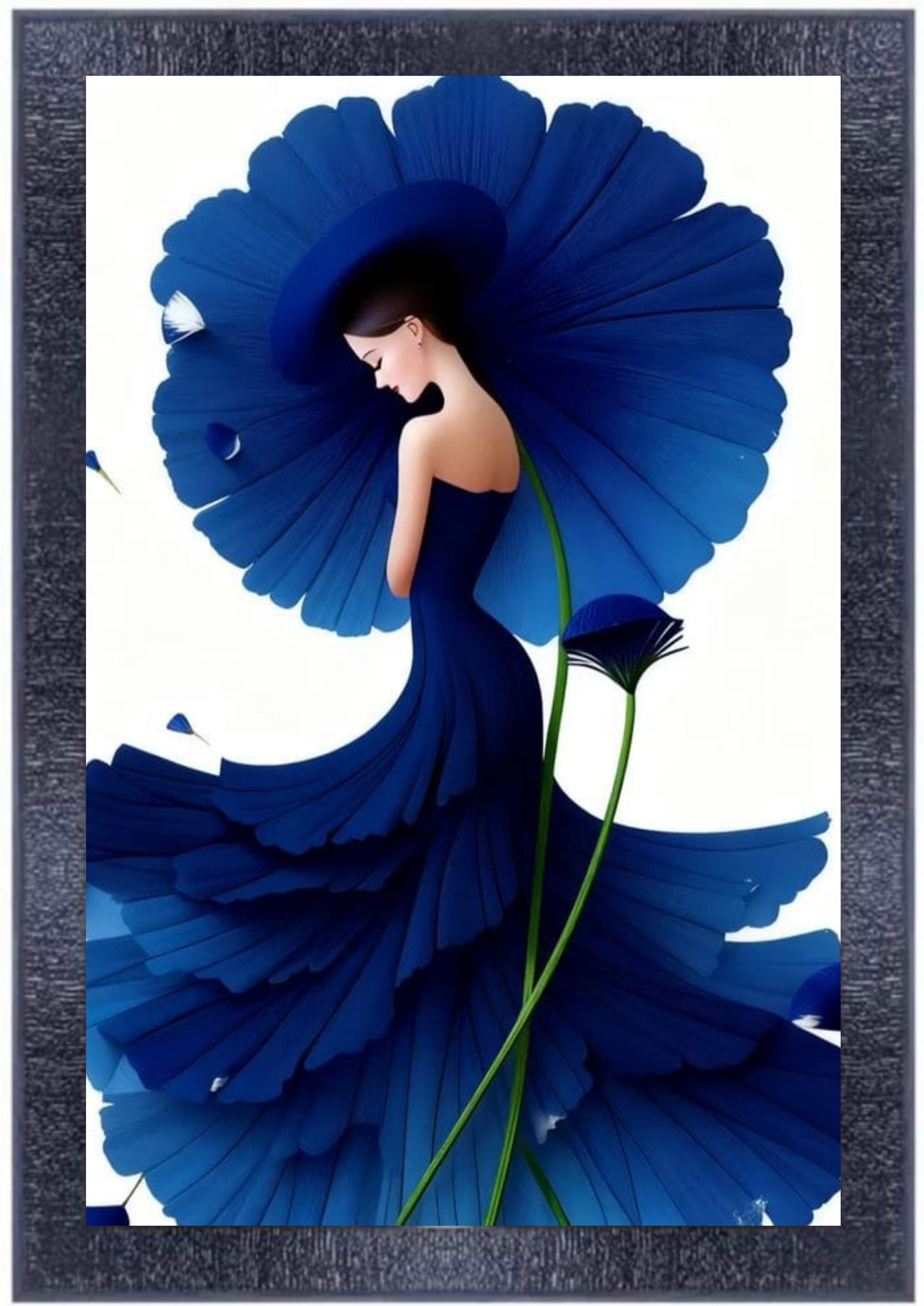  Framed "Lady in Bloom" Wall Art Print - Elegant Blue Floral Design for Home Decor, Office, Living Room, Bedroom , 16x20