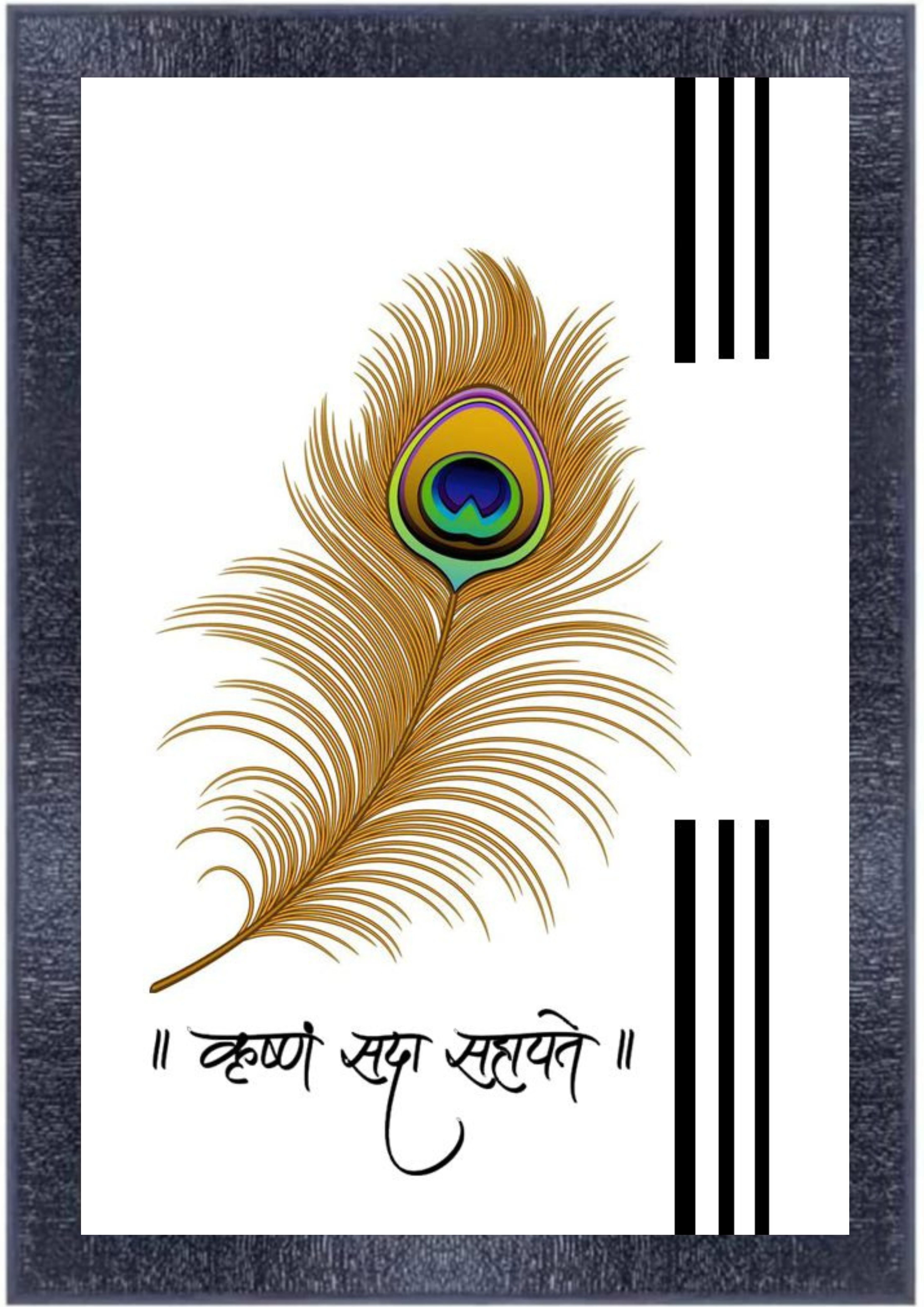 Framed Wall Art - Peacock Feather and Krishna Quote - Elegant Home Decor
